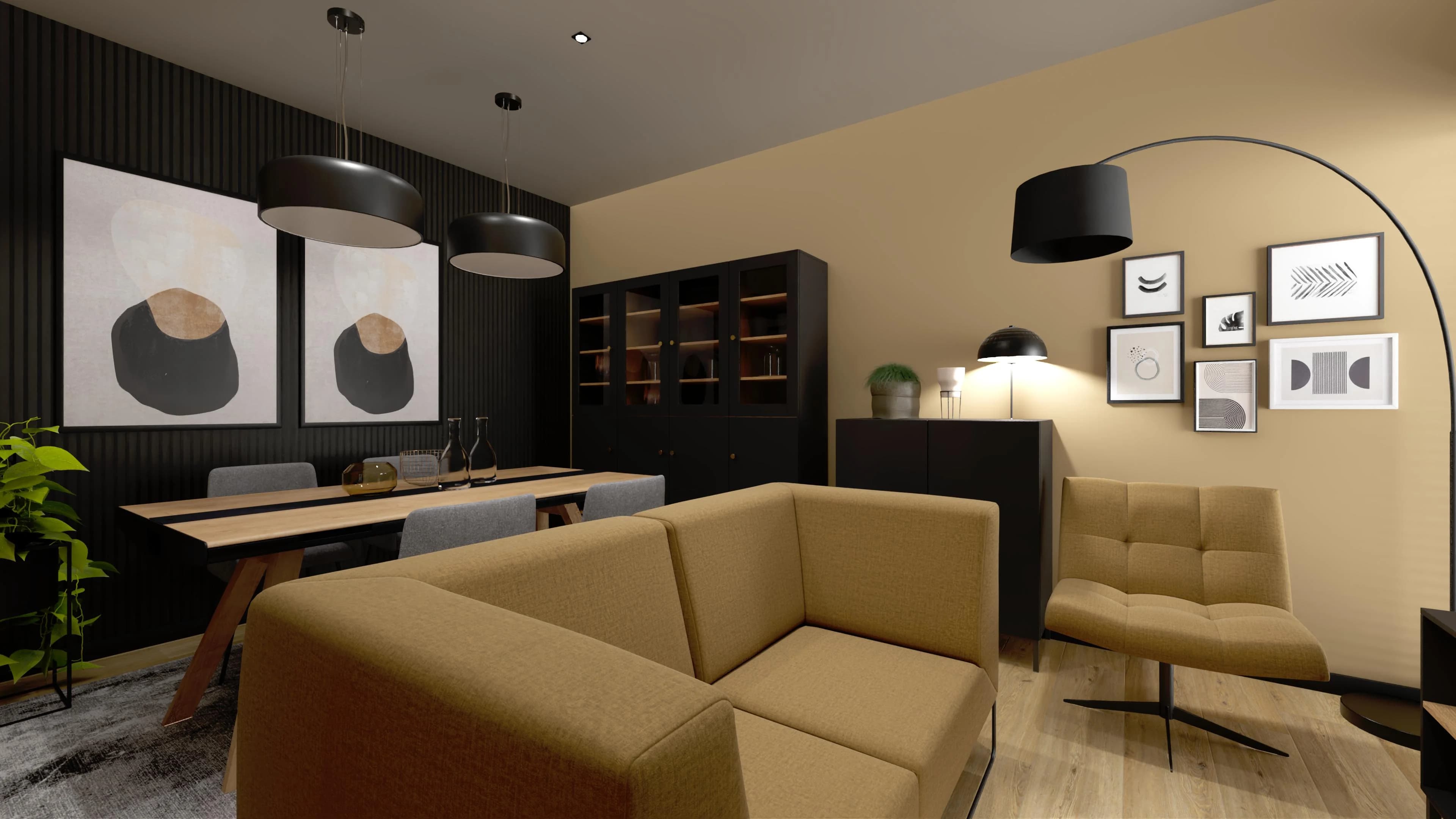 Mały salon z jadalnią – harmonia beżu, szarości i czerni