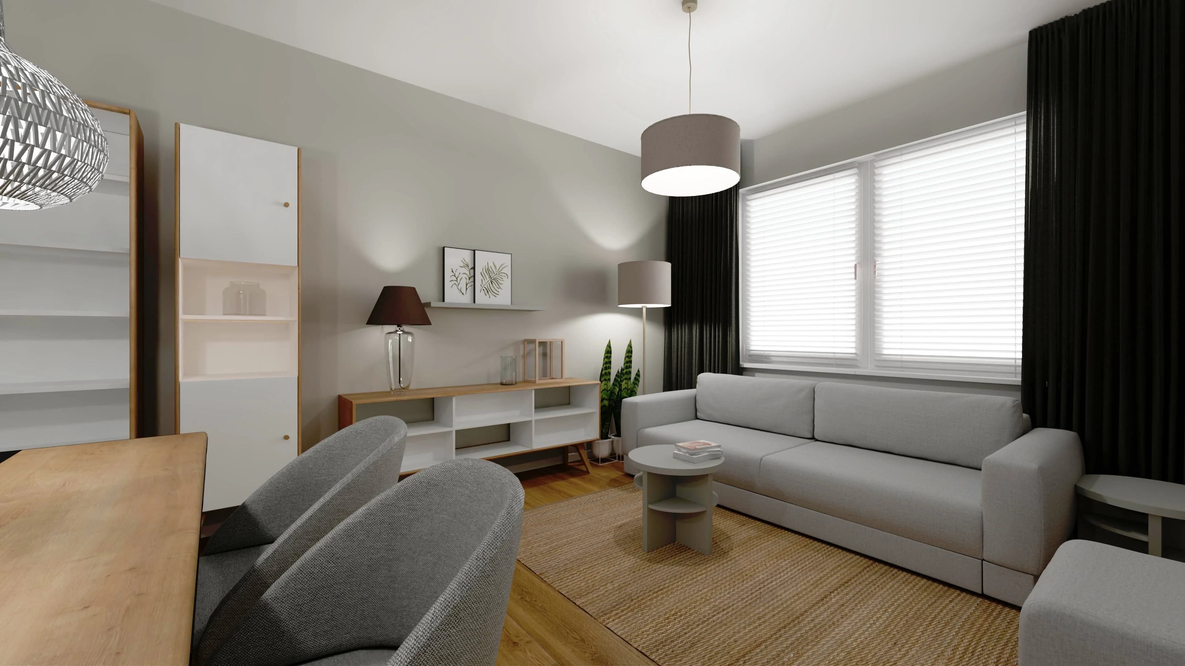 Nowoczesny salon z jadalnią w szaro-drewnianych kolorach