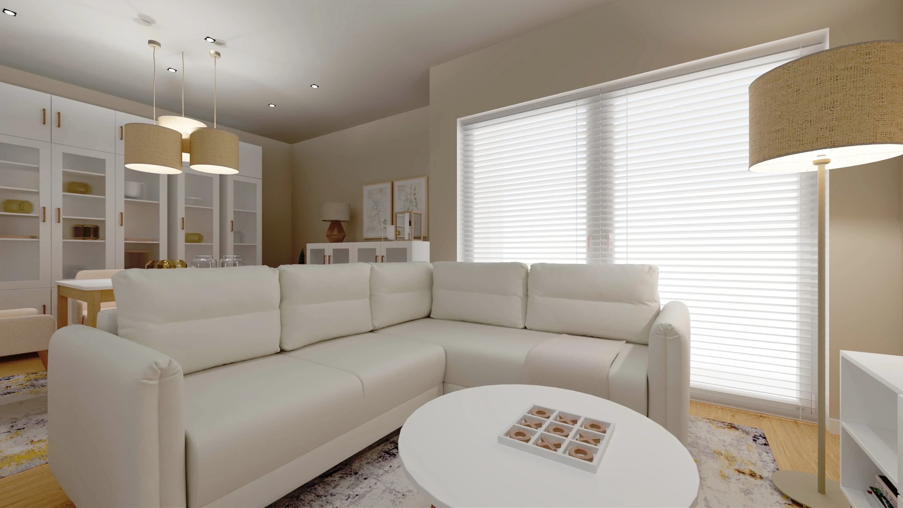 Jasny salon z jadalnią z podziałem na strefy