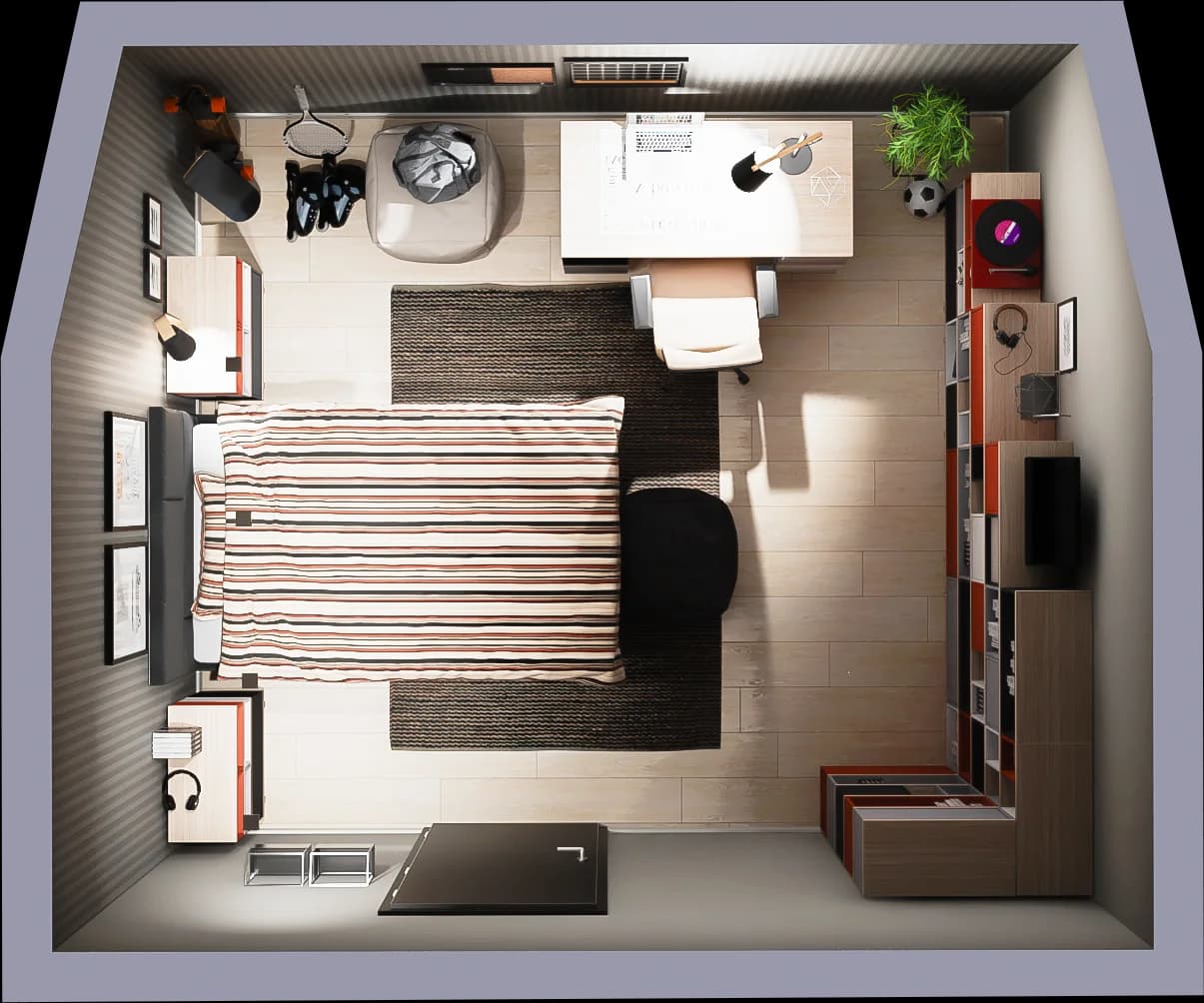 Czerwono szary pokój nastolatka na-poddaszu