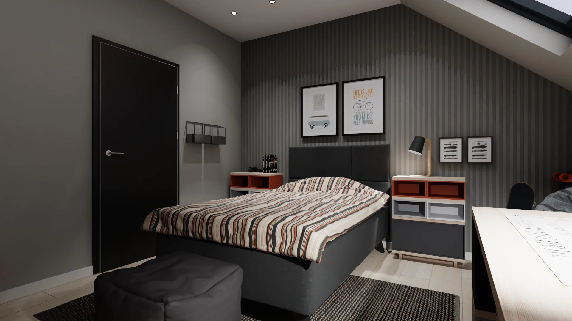 Red and grey teenager's room in the attic