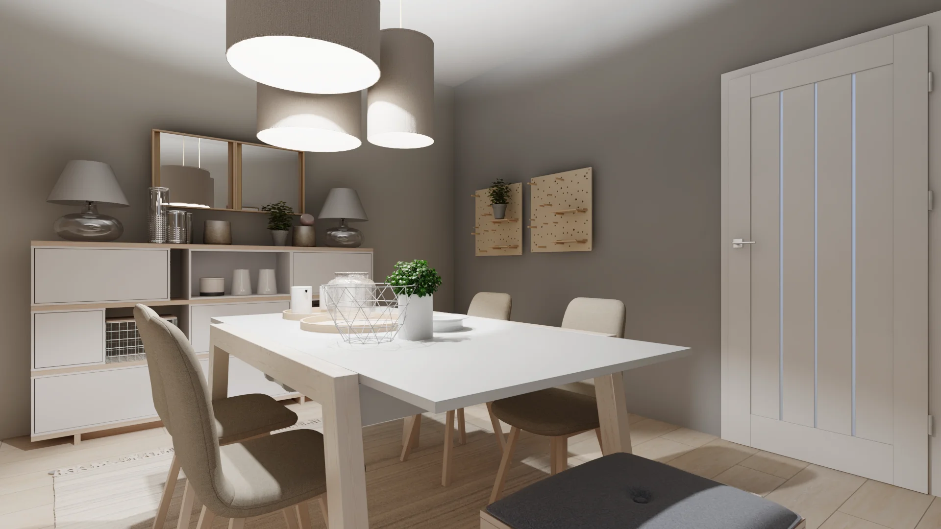 White dining room with display cabinets and striking lighting