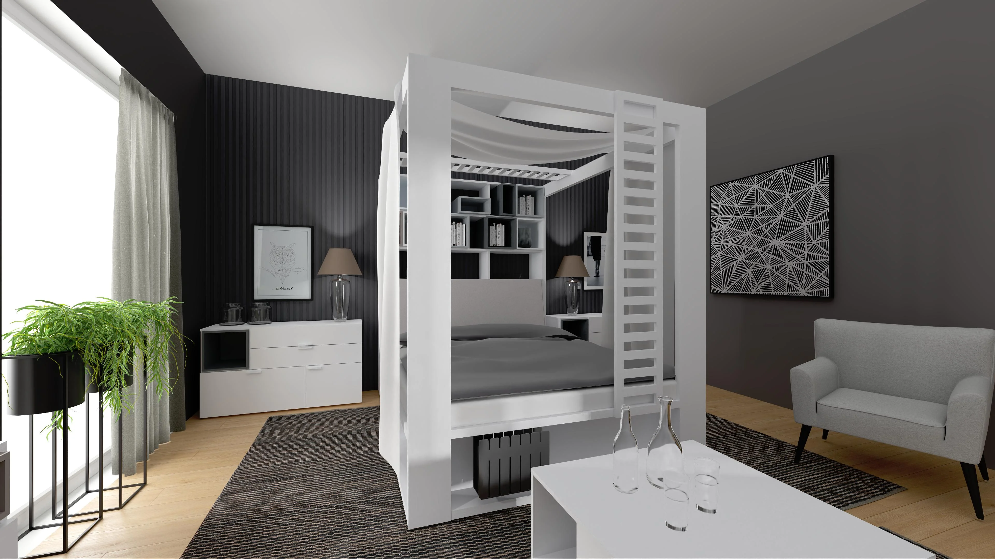 Elegant bedroom for a couple in black &amp; white