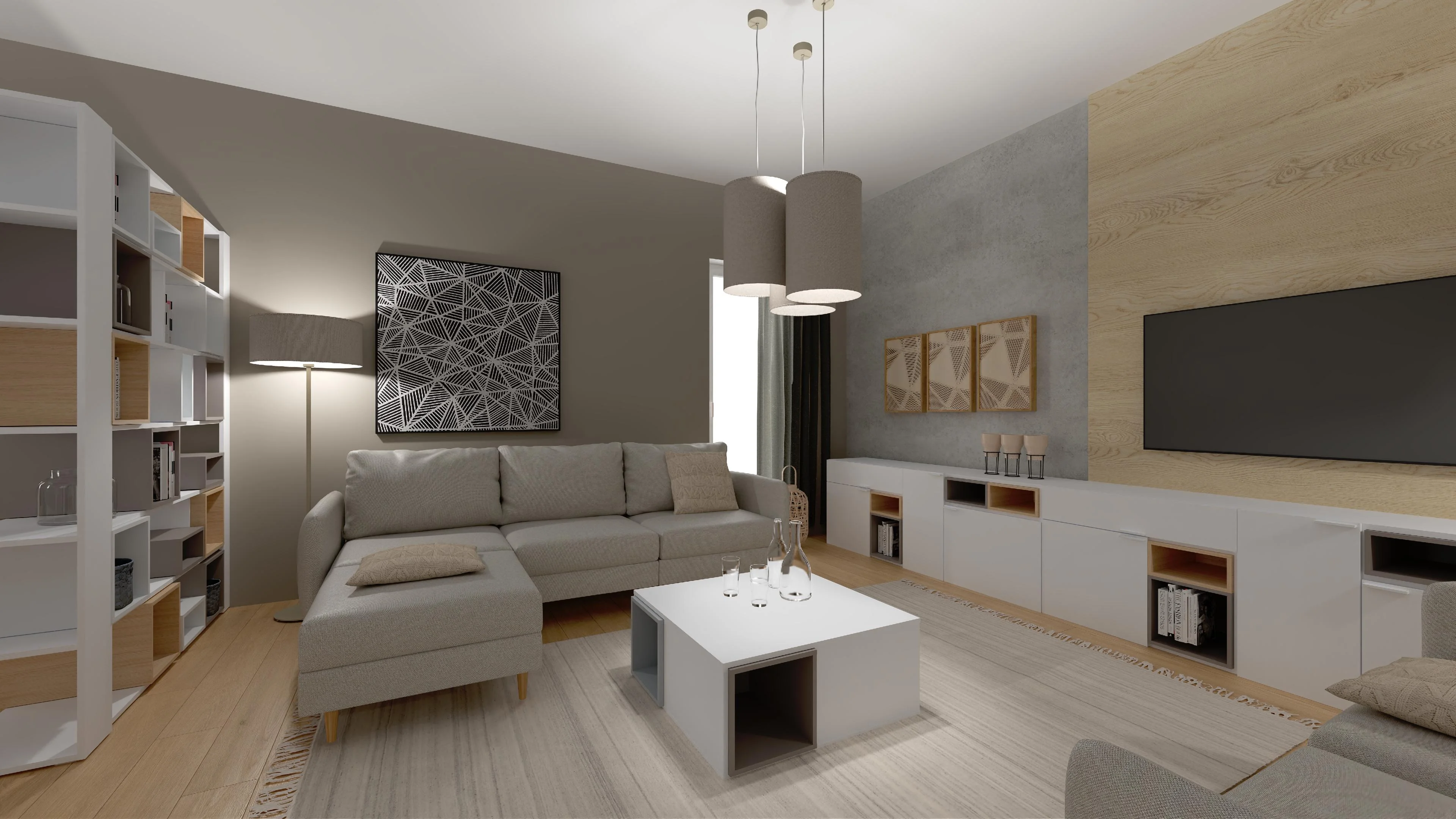Large living room with openwork shelving and comfortable dining area