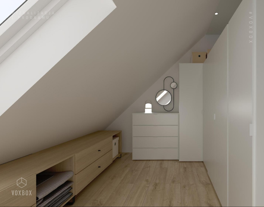 Garderoba na poddaszu z niską komodą