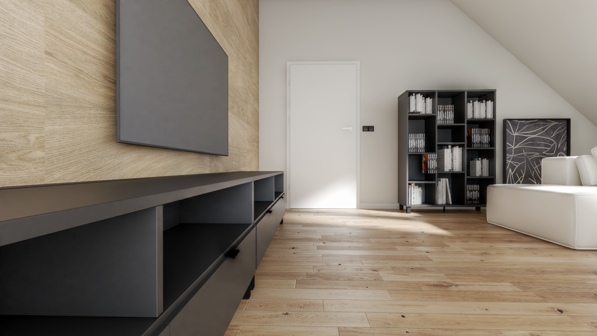 Nowoczesny living room z długą szafką rtv i sprzętem hi-fi