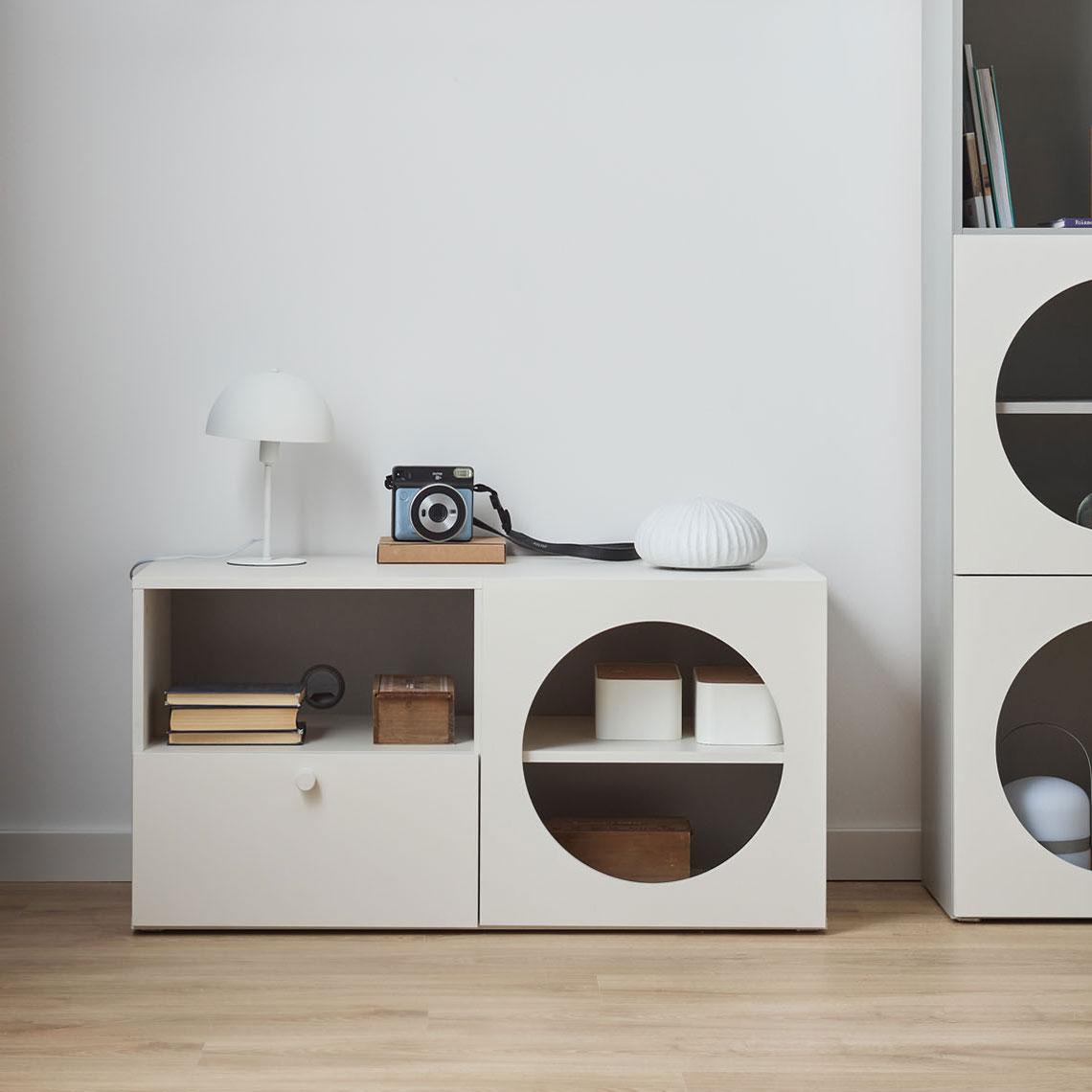 Narrow RTV cabinet with hole front panel Reli arrangement