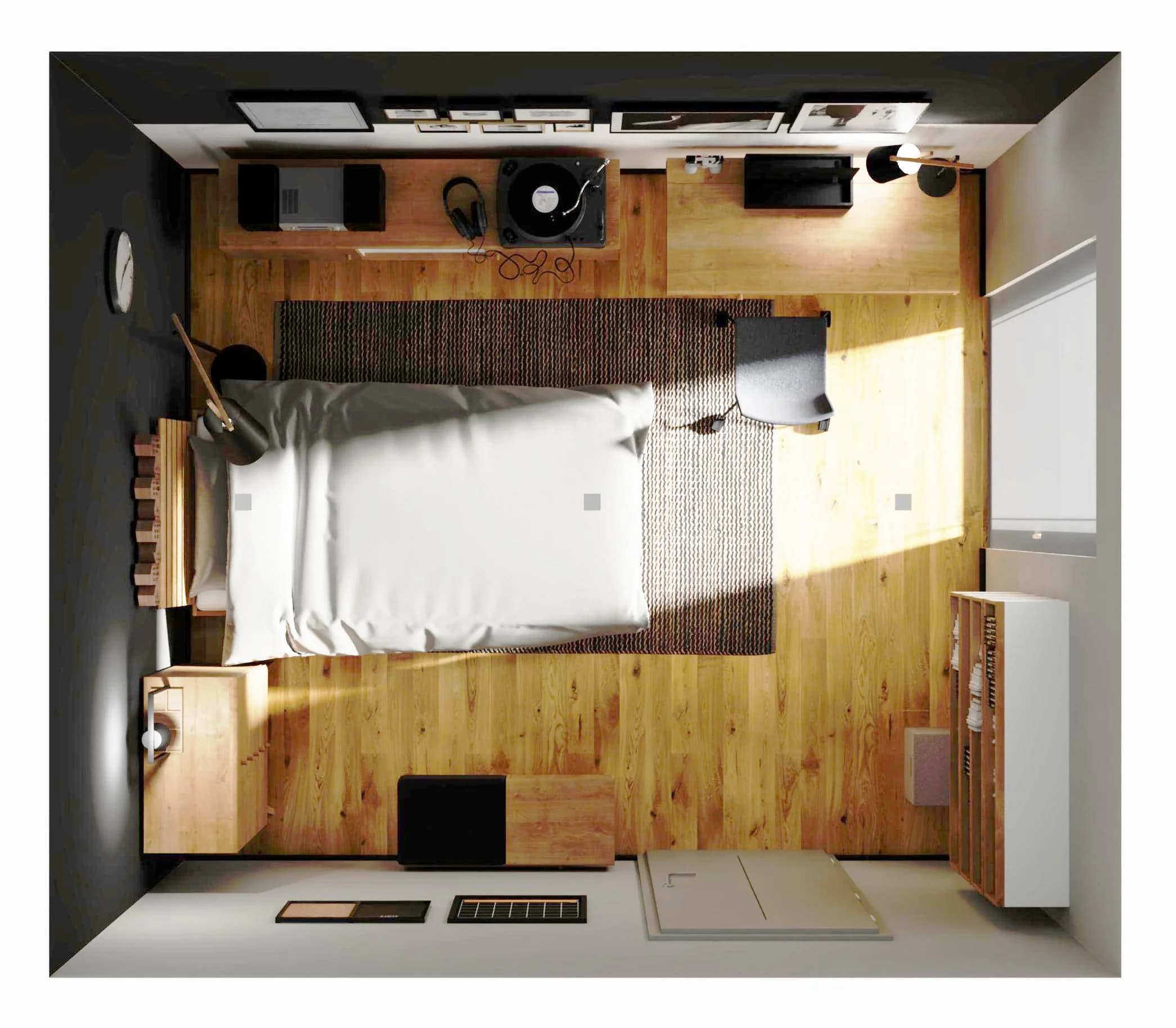 Grafitowy pokój nastolatka z ciepłymi akcentami drewna