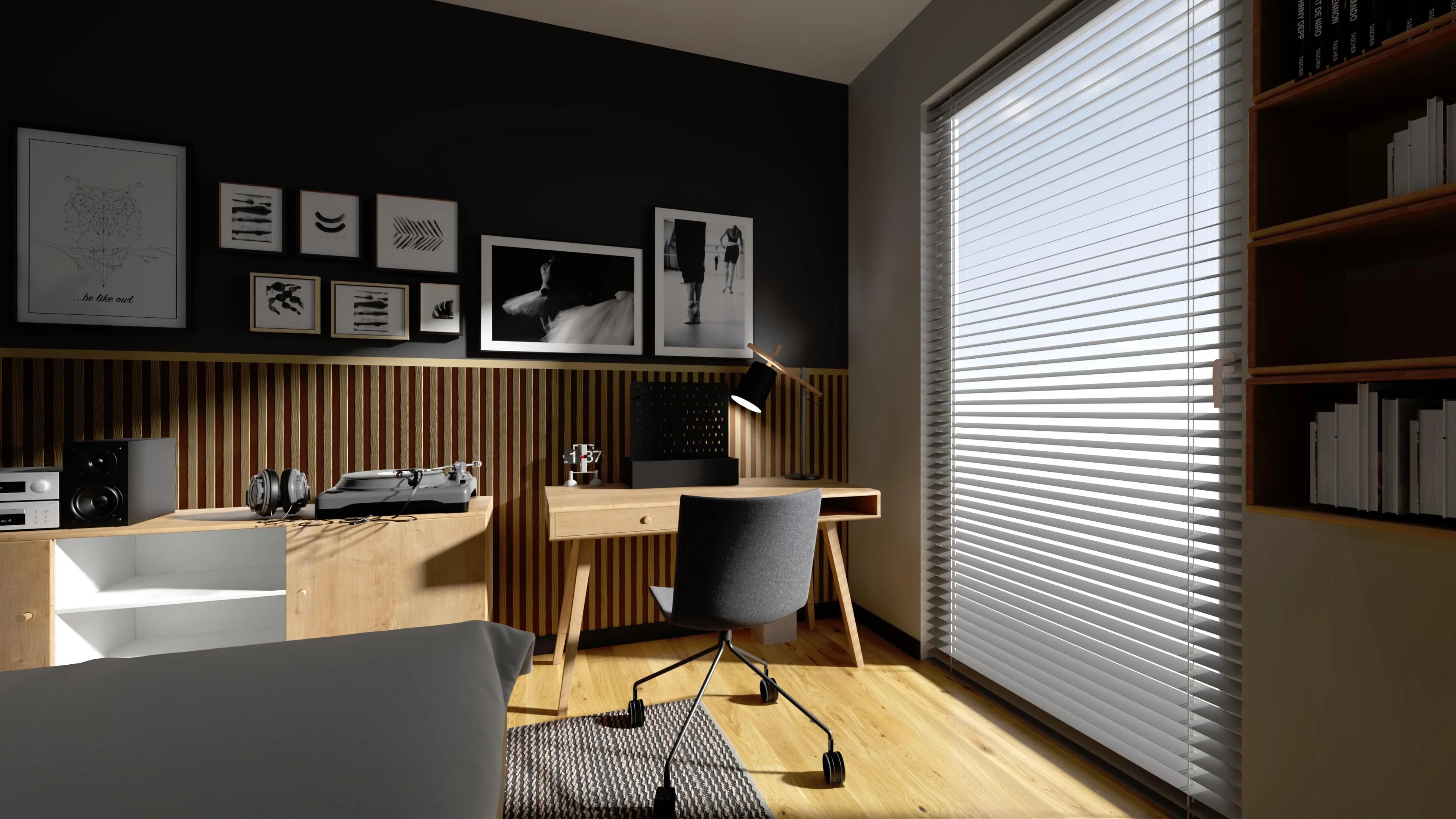 Grafitowy pokój nastolatka z ciepłymi akcentami drewna