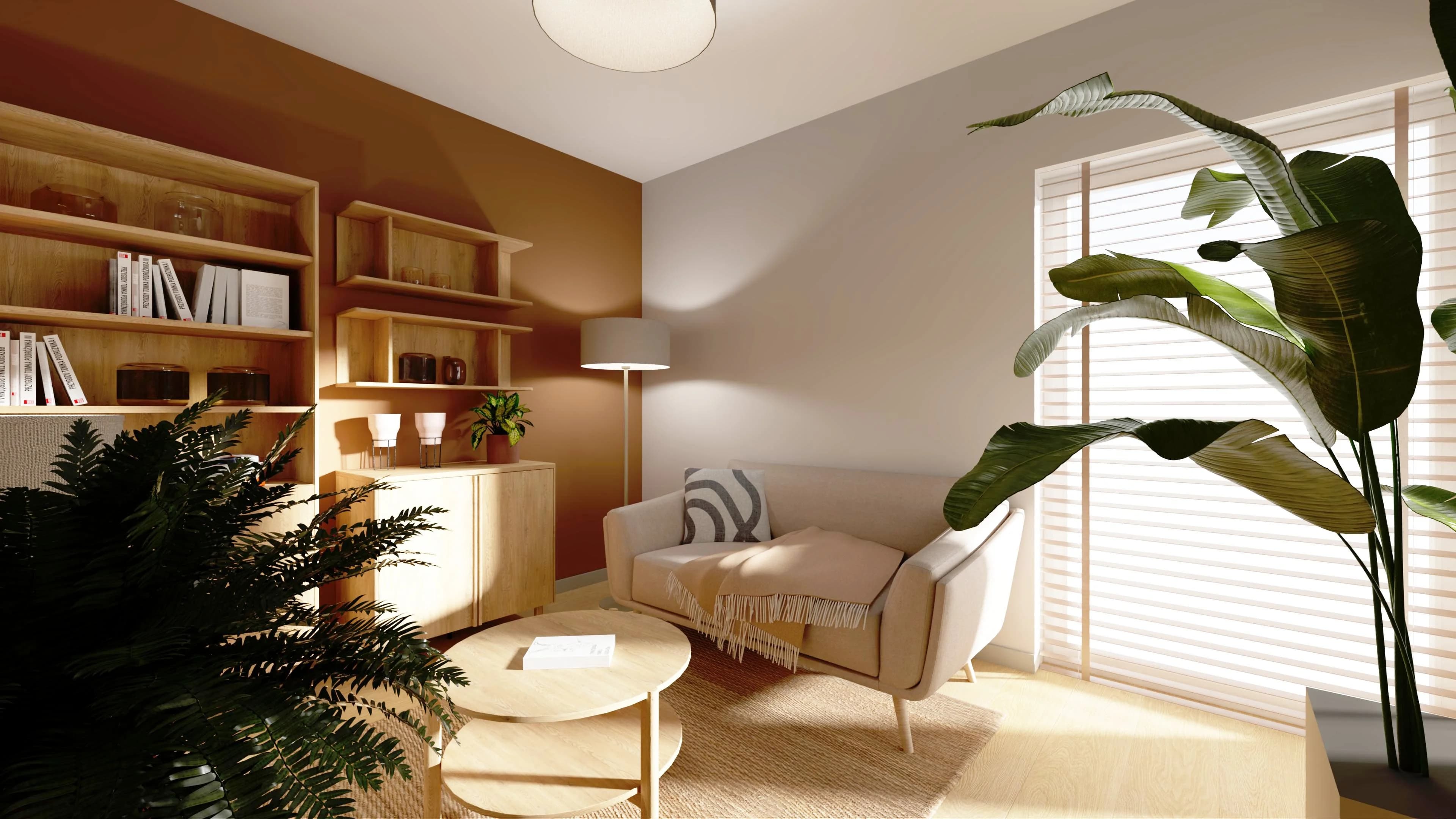 Mały azyl – salon w ciepłych barwach natury