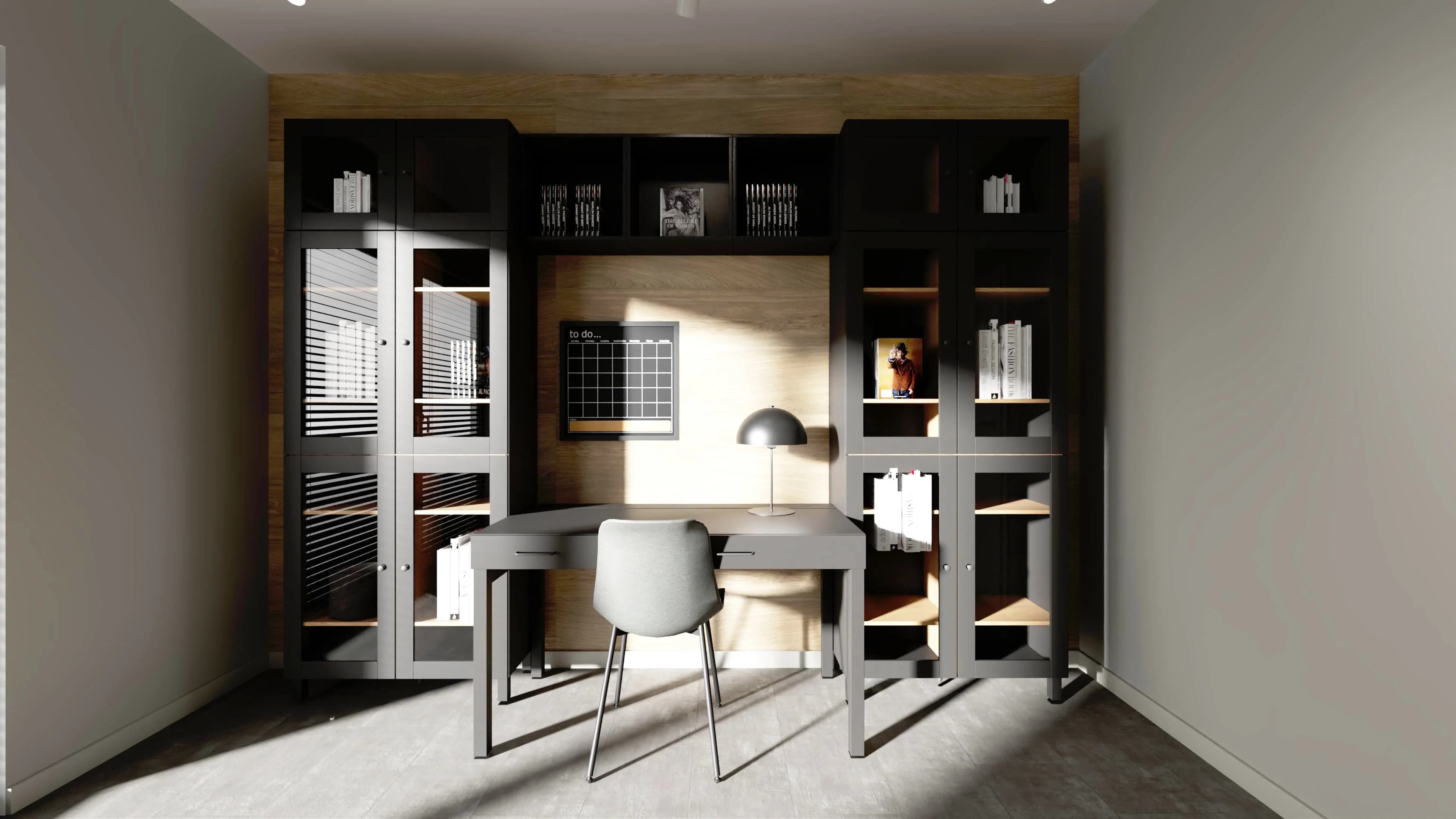 Elegancka biblioteczka z miejscem do pracy