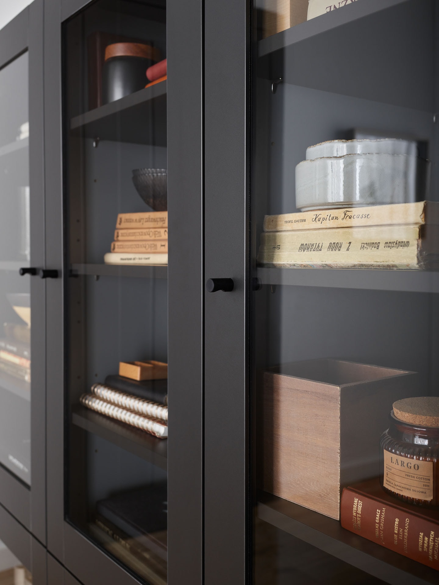 Czarna szafa w przeszklonymi drzwiami