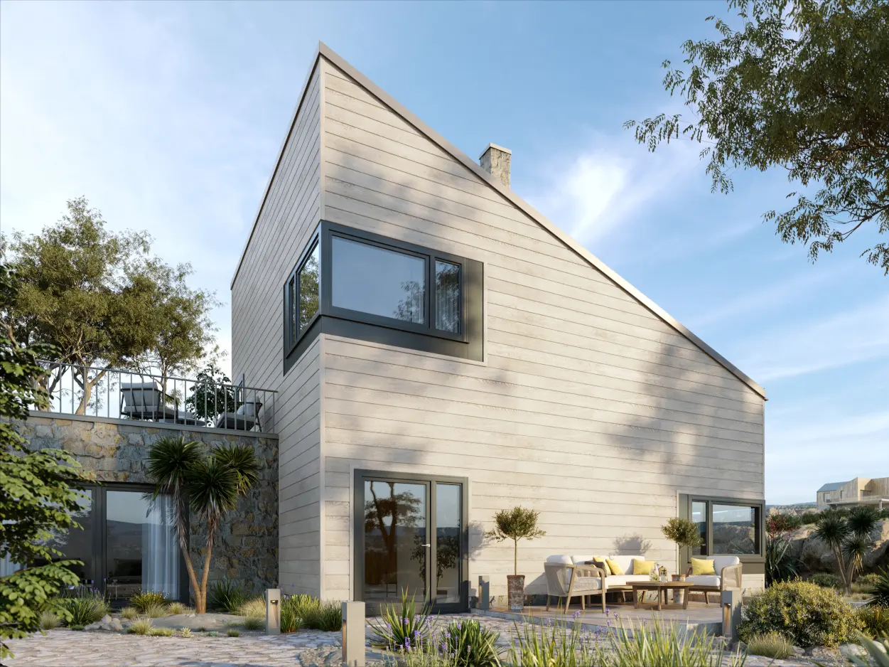 Jasnoszary dom z poddaszem użytkowym