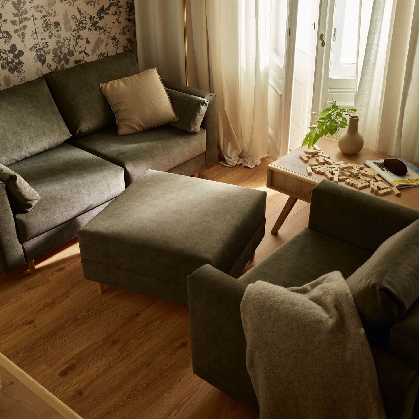 sofy modułowe w welurowej tapicerce