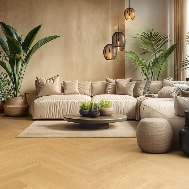 Panele podłogowe Querra Herringbone Dąb Aurora aranżacja