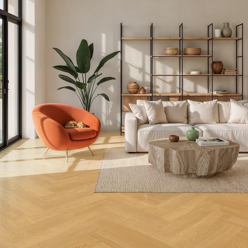 Panele podłogowe Querra Herringbone Dąb Svala aranżacja