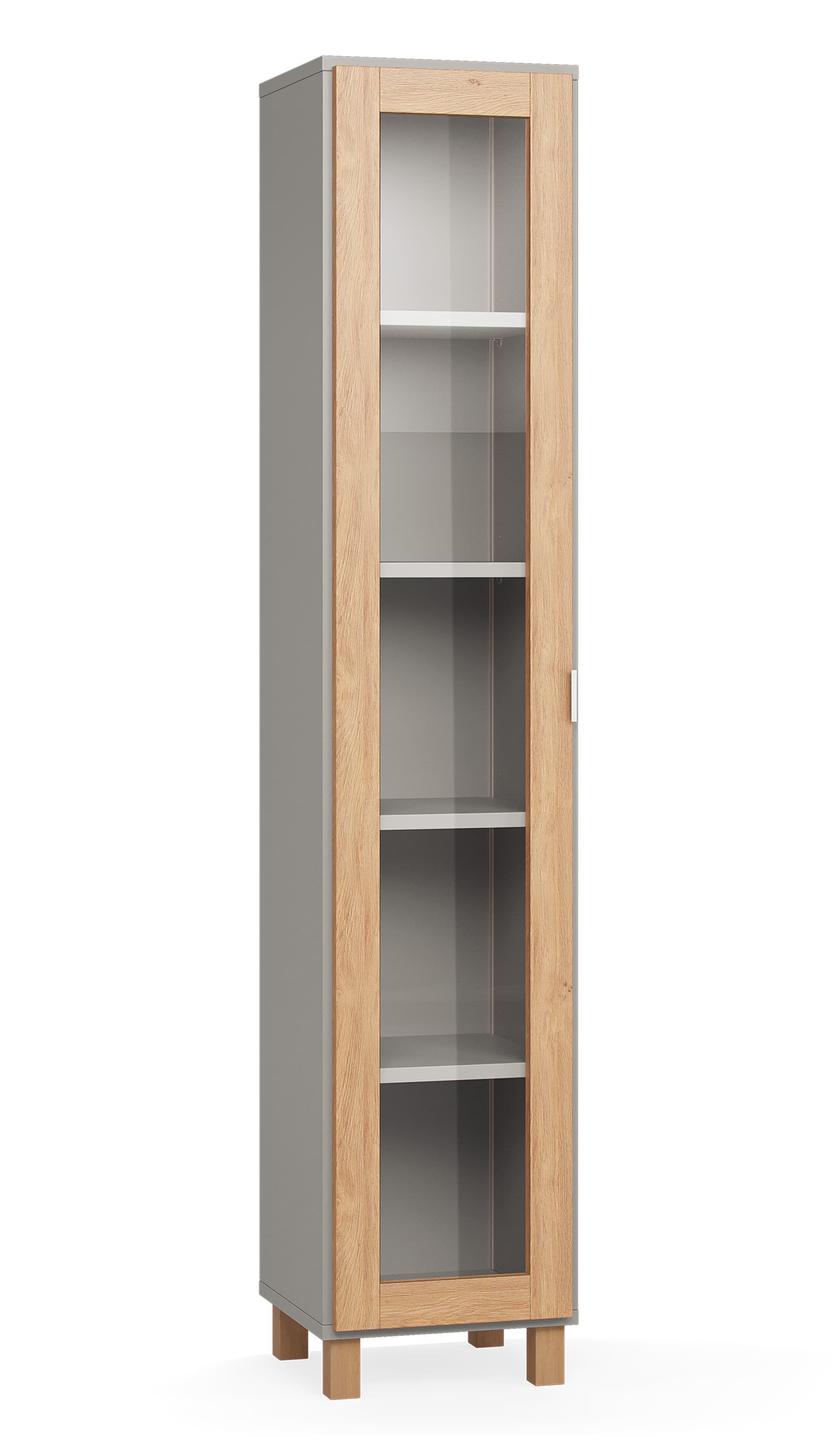 Narrow display cabinet with oak legs and white handles grey/oak Simple