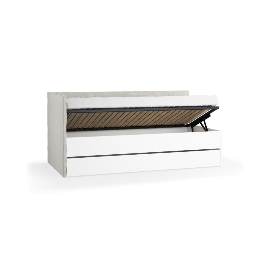 Left upholstered bed with lift-up frame and cover panel Young Users Next