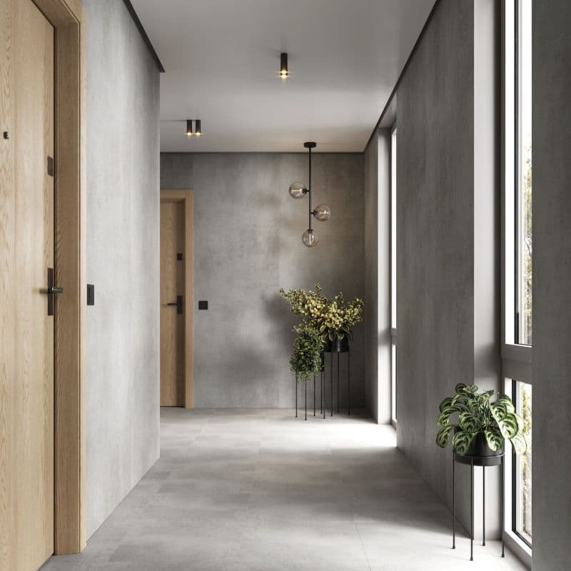 Mineral SPC wall panel Idevo Smoky Concrete 280x110 cm arrangement