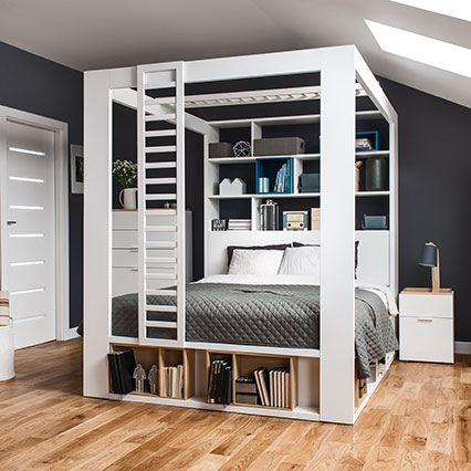 Double bed with canopy and shelving unit 4 You arrangement