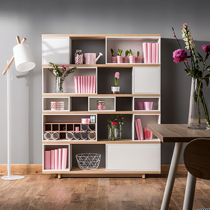 Wide bright bookcase Balance arrangement